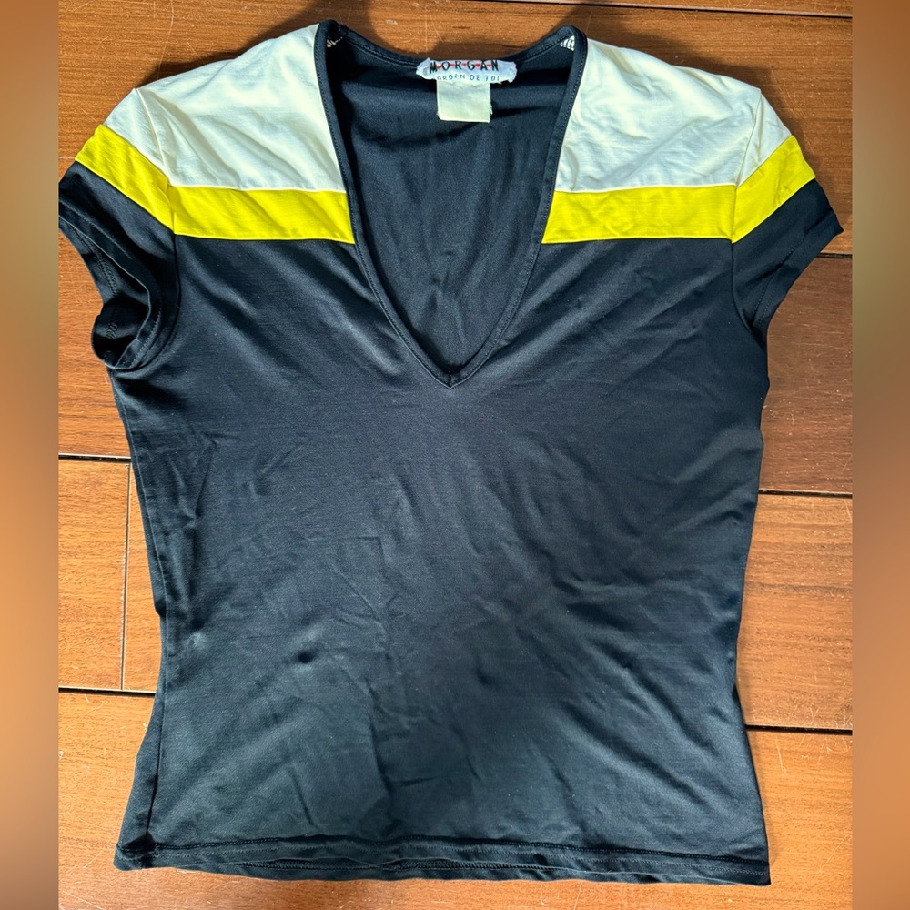 Black Colorblock Deep V Neck Top